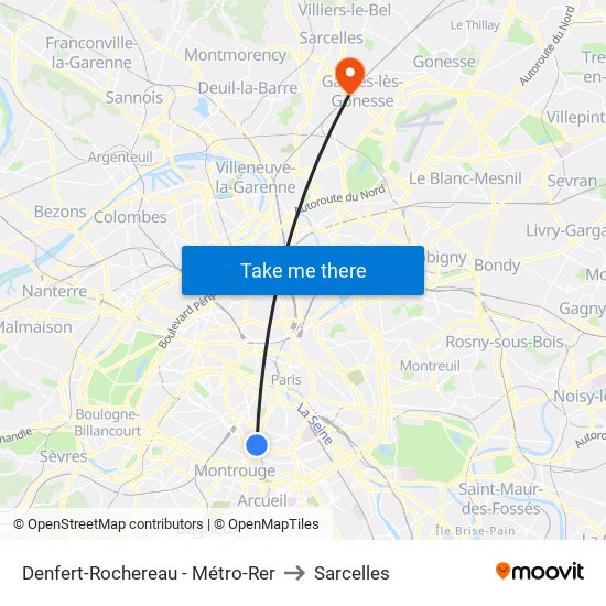 Denfert-Rochereau - Métro-Rer to Sarcelles map