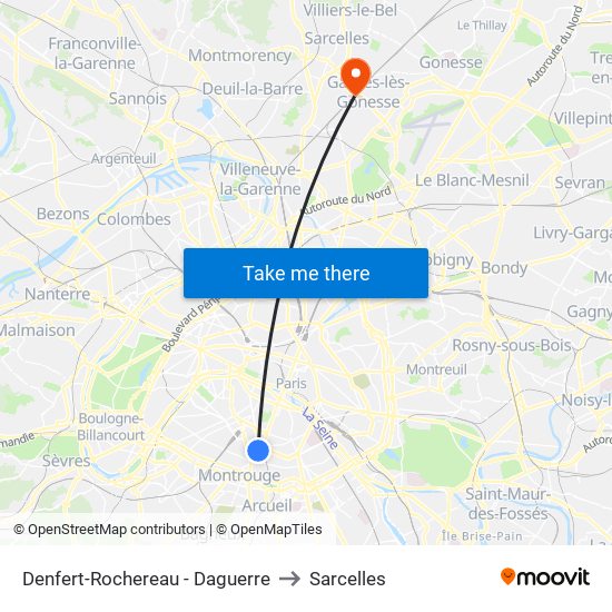 Denfert-Rochereau - Daguerre to Sarcelles map