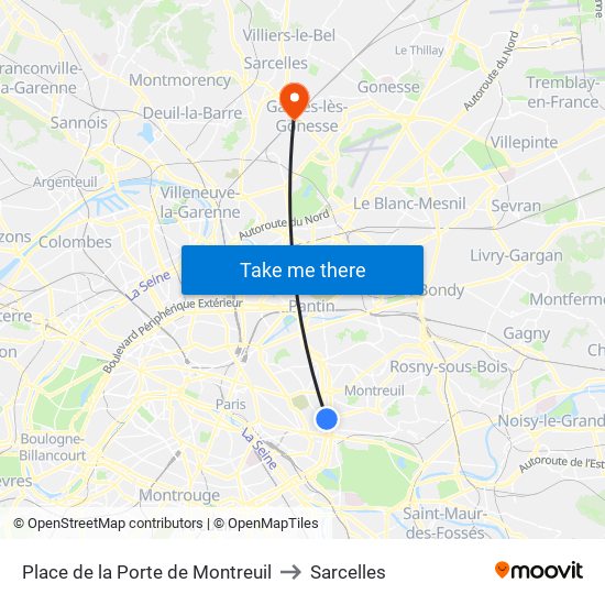 Place de la Porte de Montreuil to Sarcelles map