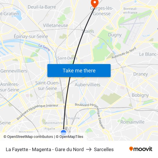 La Fayette - Magenta - Gare du Nord to Sarcelles map