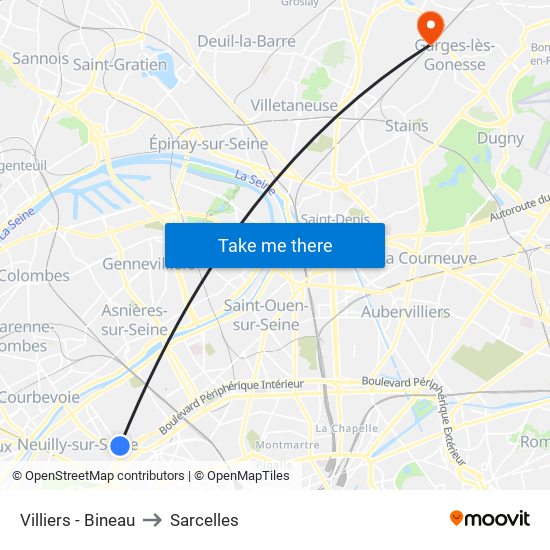Villiers - Bineau to Sarcelles map