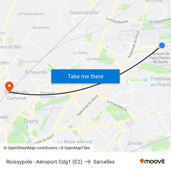 Roissypole - Aéroport Cdg1 (E2) to Sarcelles map