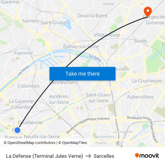 La Défense (Terminal Jules Verne) to Sarcelles map