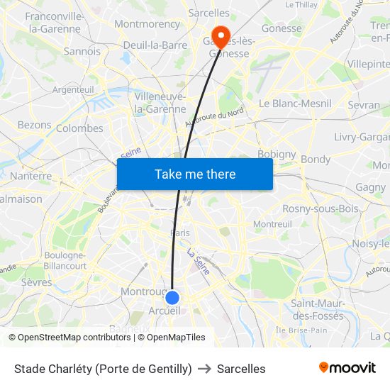 Stade Charléty (Porte de Gentilly) to Sarcelles map