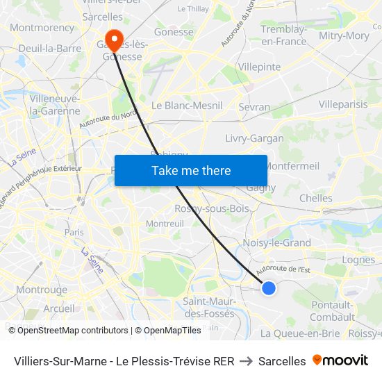 Villiers-Sur-Marne - Le Plessis-Trévise RER to Sarcelles map