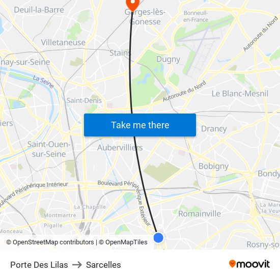 Porte Des Lilas to Sarcelles map