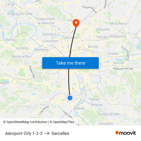 Aéroport Orly 1-2-3 to Sarcelles map