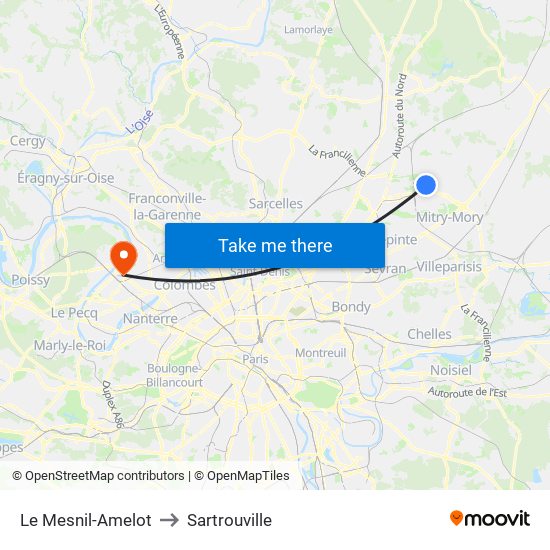 Le Mesnil-Amelot to Sartrouville map