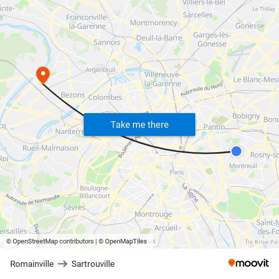 Romainville to Sartrouville map