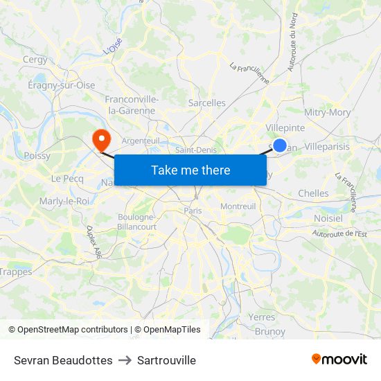 Sevran Beaudottes to Sartrouville map