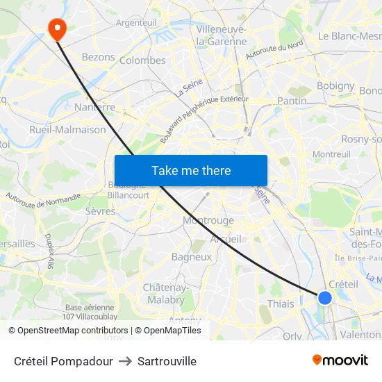 Créteil Pompadour to Sartrouville map