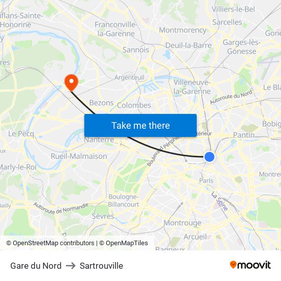 Gare du Nord to Sartrouville map