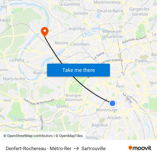 Denfert-Rochereau - Métro-Rer to Sartrouville map