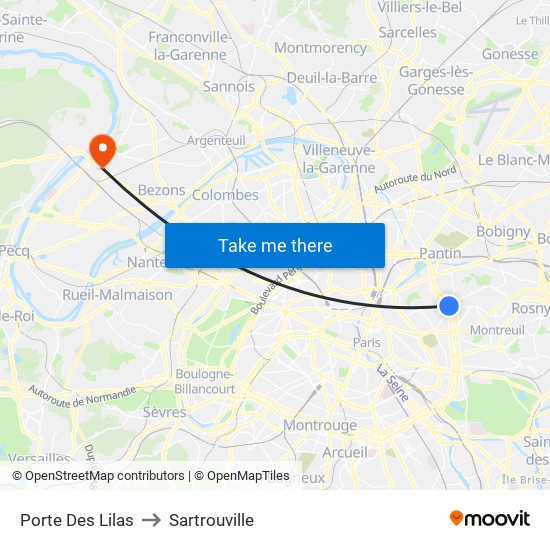 Porte Des Lilas to Sartrouville map