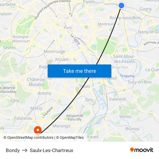 Bondy to Saulx-Les-Chartreux map