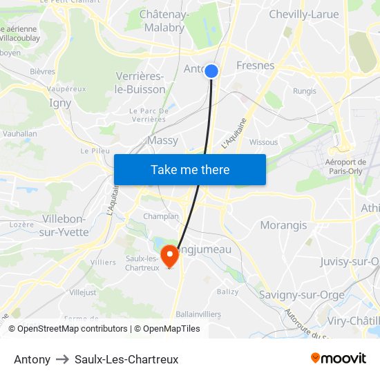 Antony to Saulx-Les-Chartreux map
