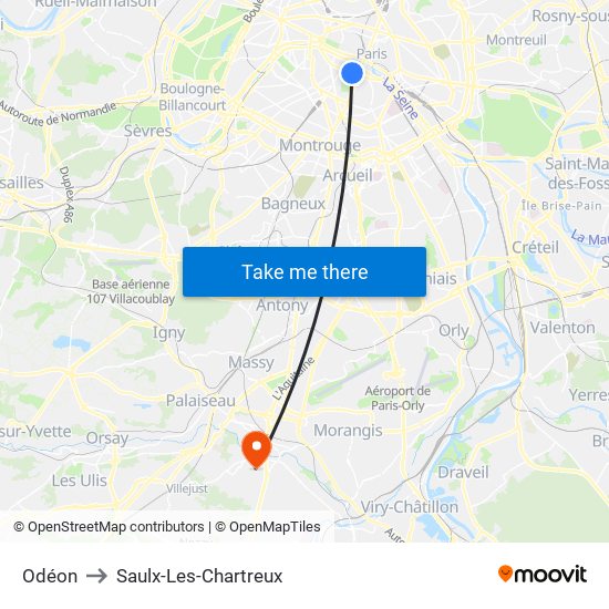 Odéon to Saulx-Les-Chartreux map