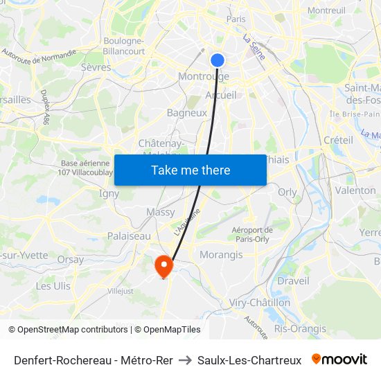 Denfert-Rochereau - Métro-Rer to Saulx-Les-Chartreux map