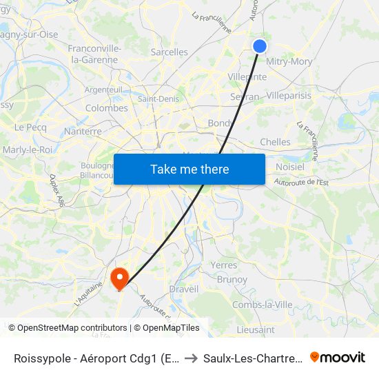 Roissypole - Aéroport Cdg1 (E2) to Saulx-Les-Chartreux map