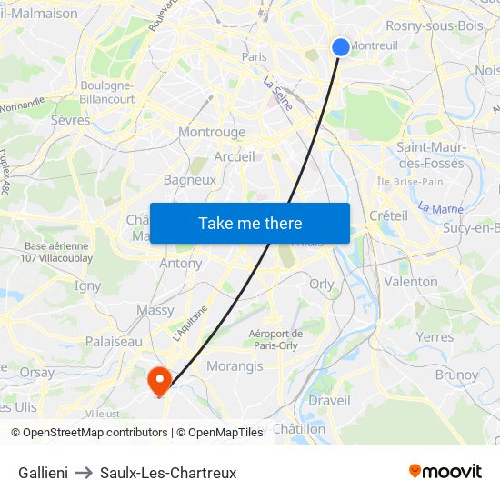 Gallieni to Saulx-Les-Chartreux map