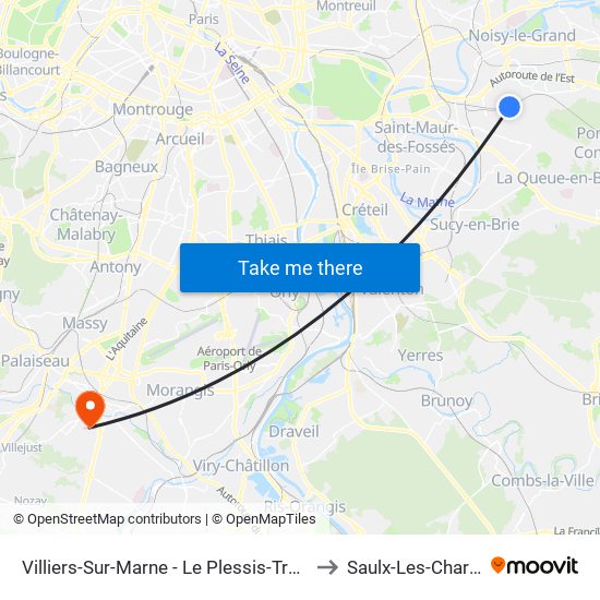 Villiers-Sur-Marne - Le Plessis-Trévise RER to Saulx-Les-Chartreux map