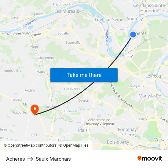 Acheres to Saulx-Marchais map