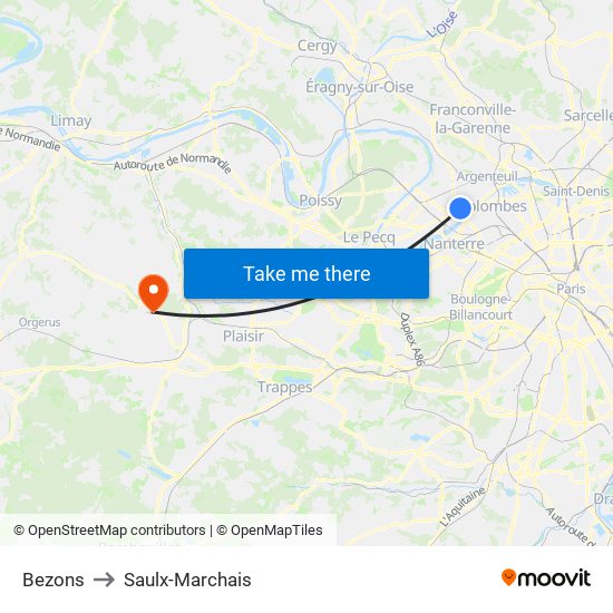 Bezons to Saulx-Marchais map
