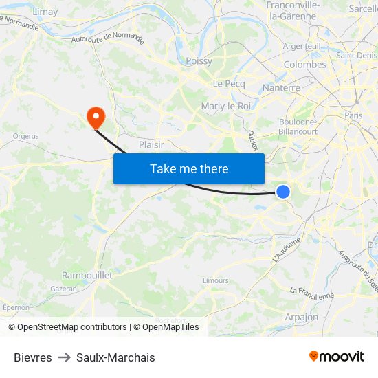 Bievres to Saulx-Marchais map