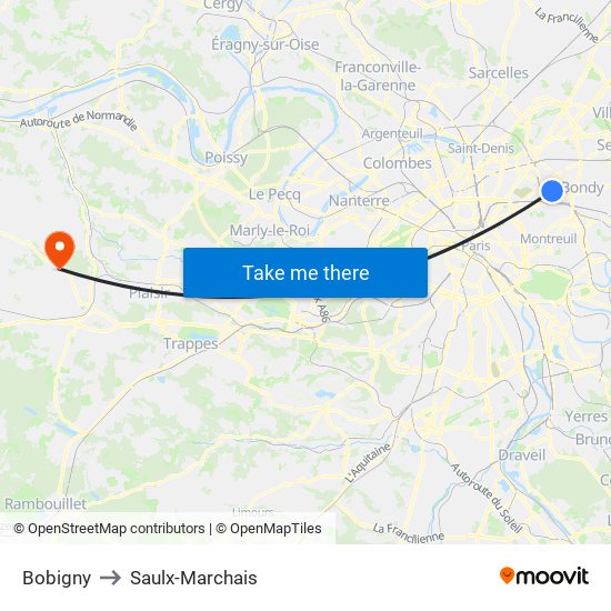 Bobigny to Saulx-Marchais map