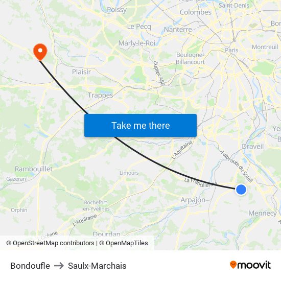 Bondoufle to Saulx-Marchais map