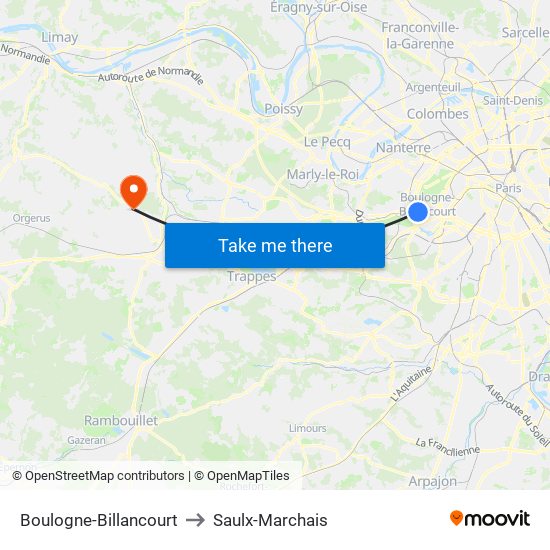 Boulogne-Billancourt to Saulx-Marchais map