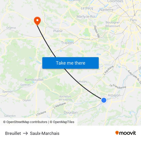 Breuillet to Saulx-Marchais map