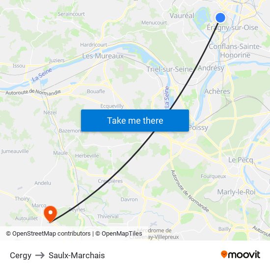 Cergy to Saulx-Marchais map