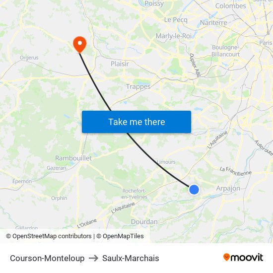 Courson-Monteloup to Saulx-Marchais map