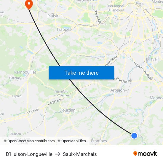 D'Huison-Longueville to Saulx-Marchais map