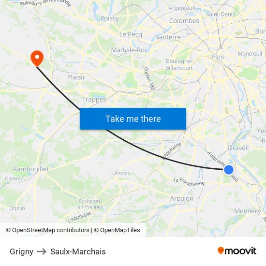 Grigny to Saulx-Marchais map