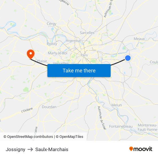 Jossigny to Saulx-Marchais map