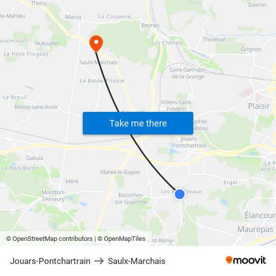 Jouars-Pontchartrain to Saulx-Marchais map