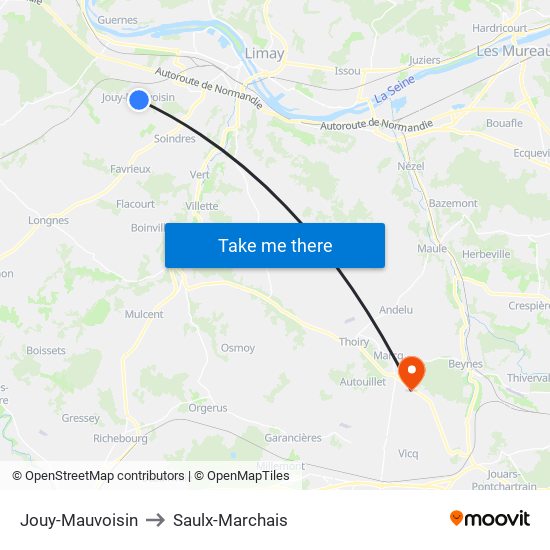 Jouy-Mauvoisin to Saulx-Marchais map