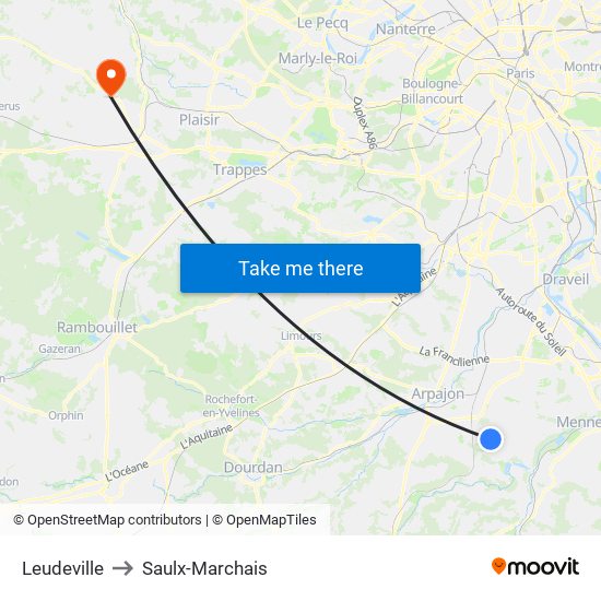 Leudeville to Saulx-Marchais map