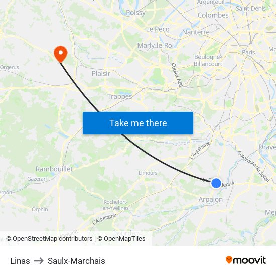 Linas to Saulx-Marchais map