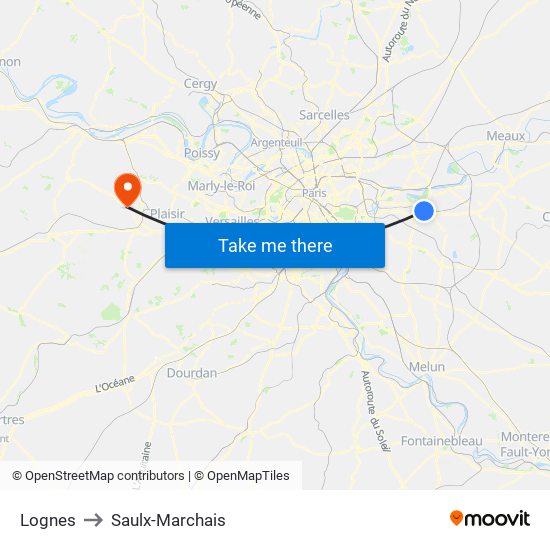 Lognes to Saulx-Marchais map