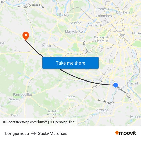Longjumeau to Saulx-Marchais map