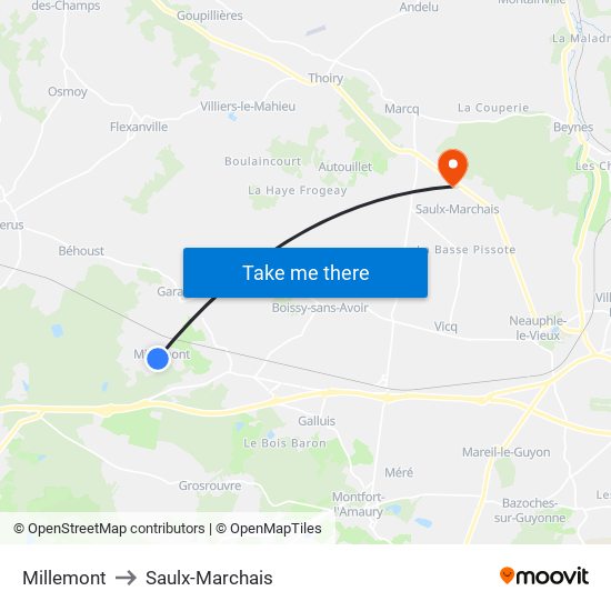 Millemont to Saulx-Marchais map