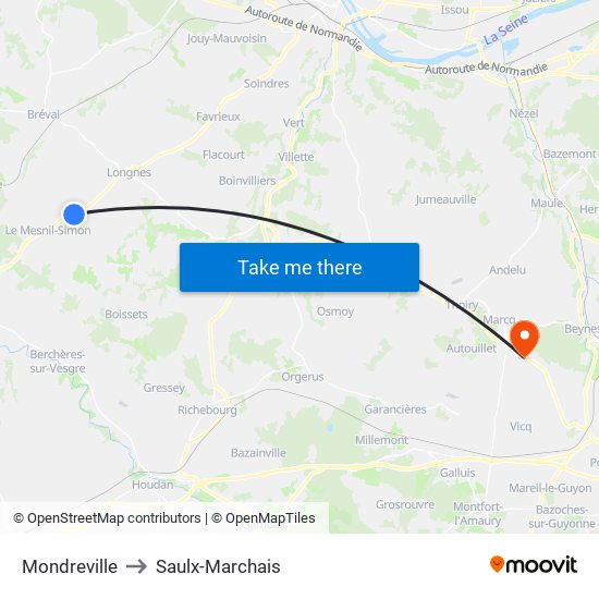 Mondreville to Saulx-Marchais map