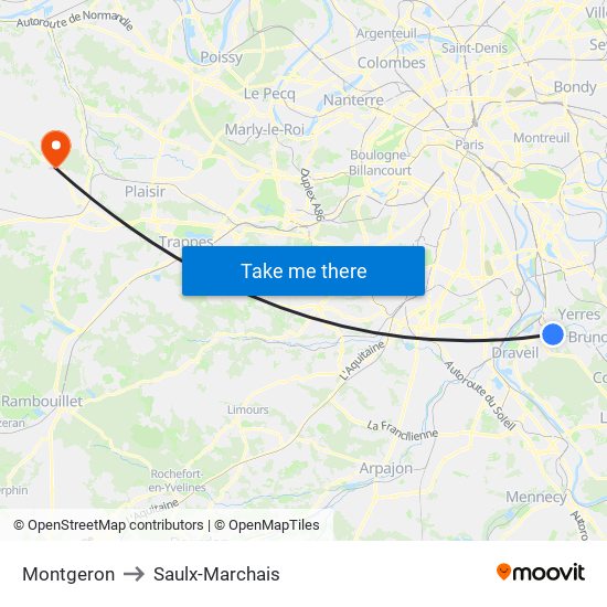 Montgeron to Saulx-Marchais map