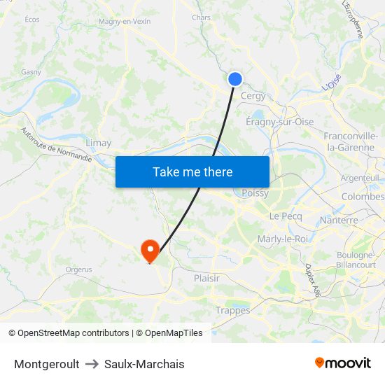 Montgeroult to Saulx-Marchais map
