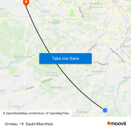 Orveau to Saulx-Marchais map