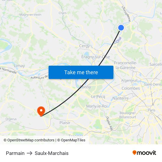 Parmain to Saulx-Marchais map