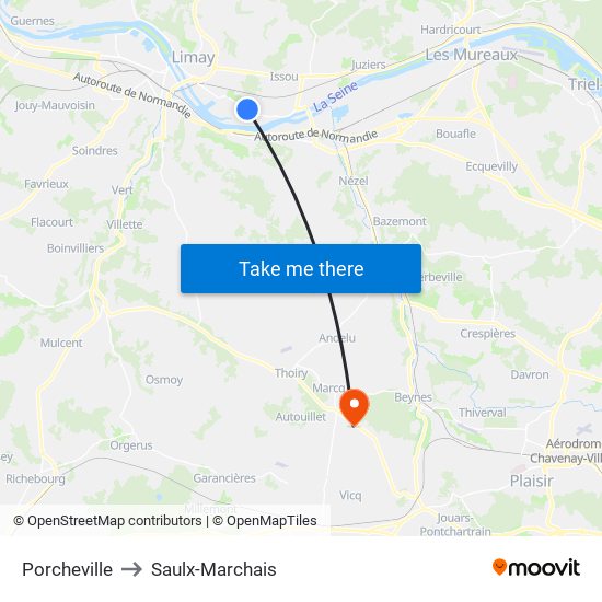 Porcheville to Saulx-Marchais map